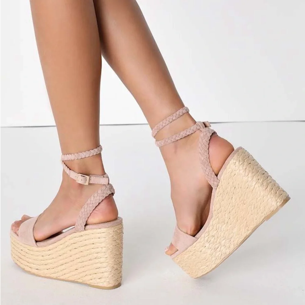 Lulus Jalen Nude Suede Espadrille Wedges Size 8 - Picture 2 of 9